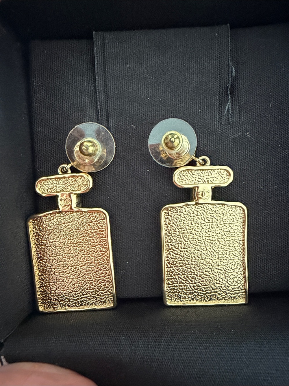 CHANEL Black & Gold Perfume Bottle Drop Earrings with Crystal Accents - Picture 8 of 8